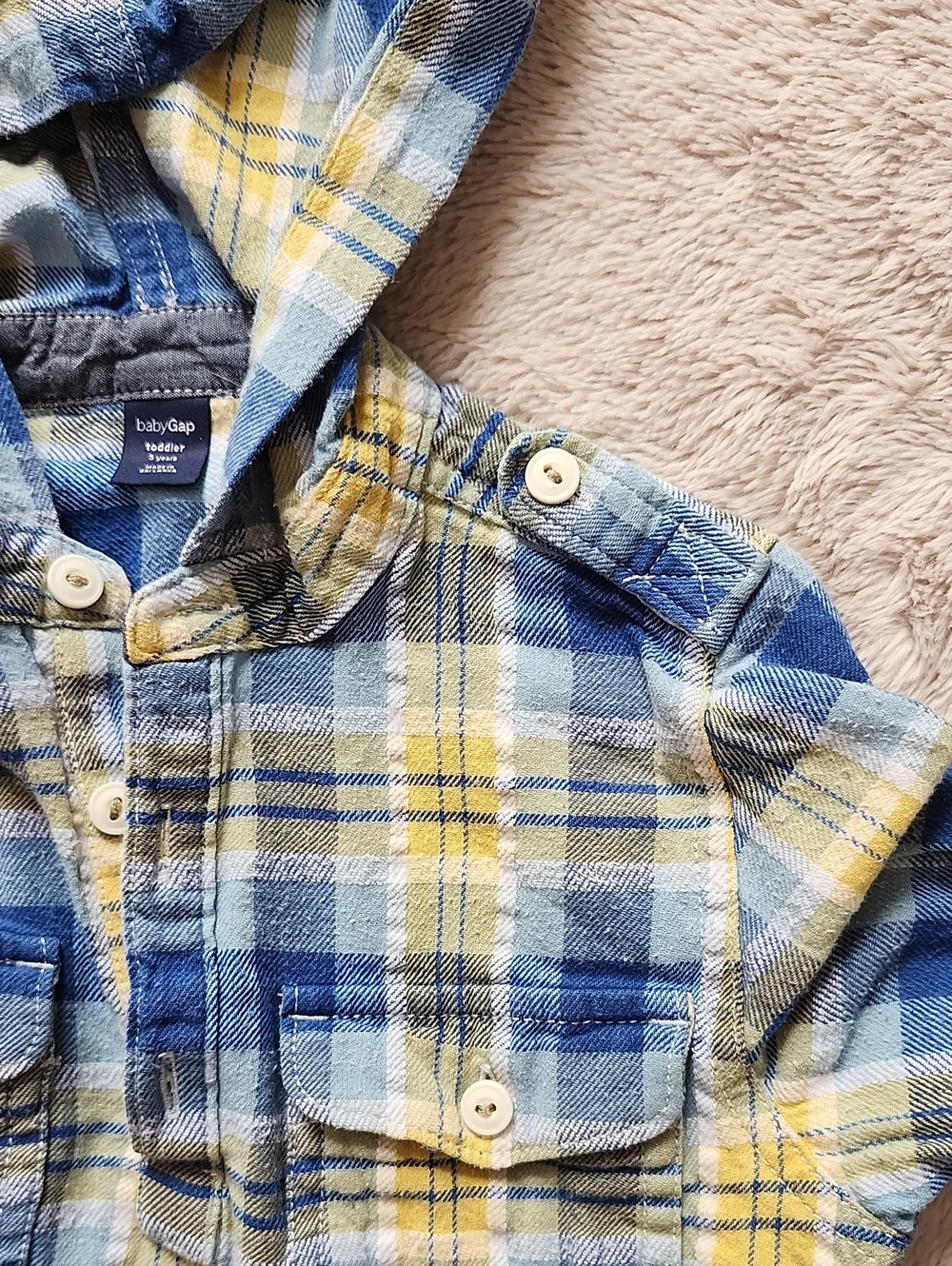 GAP Kids Blue & Yellow Plaid Hooded Flannel Shirt